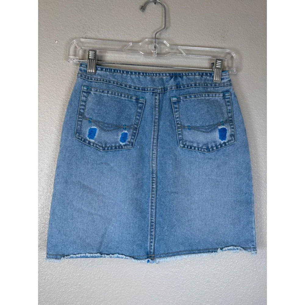 Route 66 Girls Y2K Denim Mini Skirt Blue Distressed Raw Hem Size 8